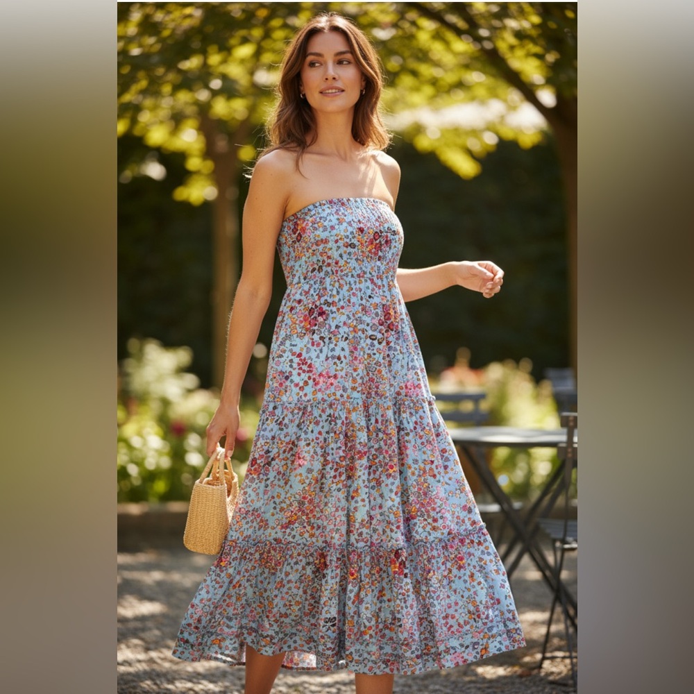 Anthropologie Poupette St Barth Triny Floral Strapless Midi Dress Size M/L